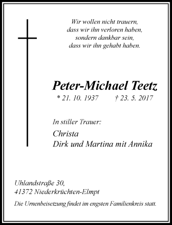 Todesanzeige von Peter-Michael Teetz von Rheinische Post