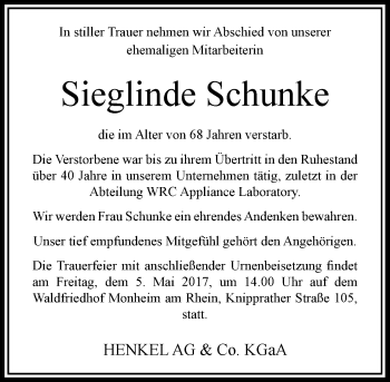 Todesanzeige von Sieglinde Schunke von Rheinische Post