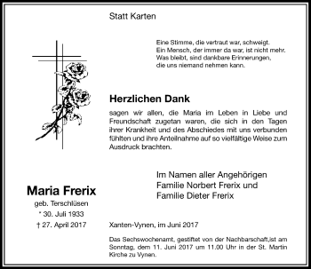 Todesanzeige von Maria  Frerix von Rheinische Post