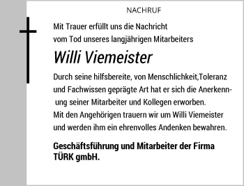 Todesanzeige von Willi Viemeister von Rheinische Post