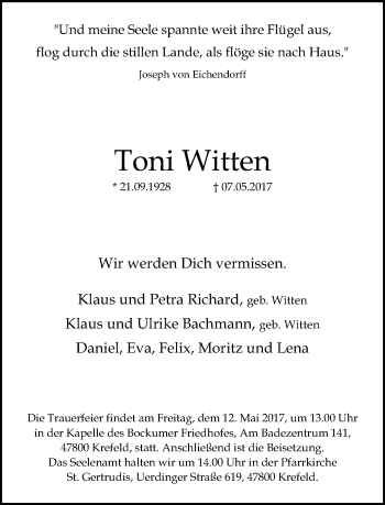 Todesanzeige von Toni Witten von Rheinische Post
