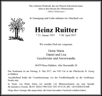 Todesanzeige von Heinz Ruitter von Rheinische Post