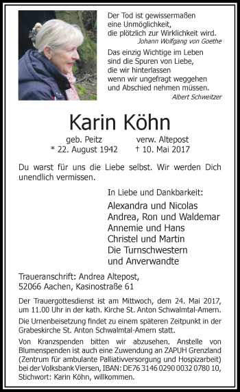 Todesanzeige von Karin Köhn von Rheinische Post