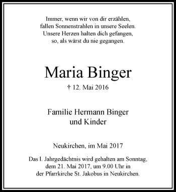 Todesanzeige von Maria Binger von Rheinische Post