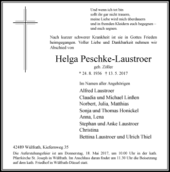 Todesanzeige von Helga Peschke-Laustroer von Rheinische Post