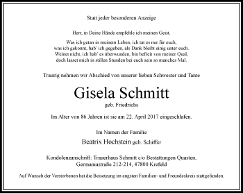Todesanzeige von Gisela Schmitt von Rheinische Post