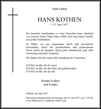 Todesanzeige von Hans Kothen von Rheinische Post