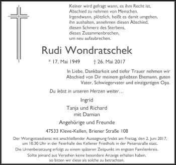 Todesanzeige von Rudi Wondratschek von Rheinische Post