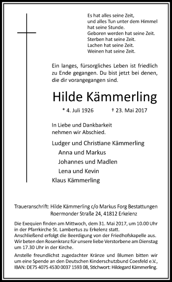 Todesanzeige von Hilde Kämmerling von Rheinische Post