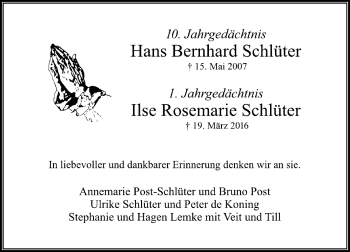 Todesanzeige von Hans Bernhard und Ilse Rosemarie Schlüter von Rheinische Post