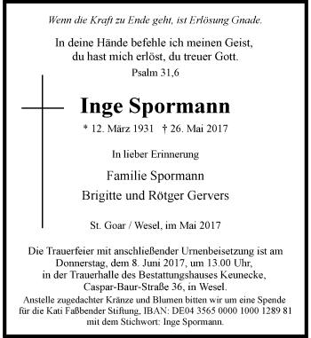 Todesanzeige von Inge Spormann von Rheinische Post