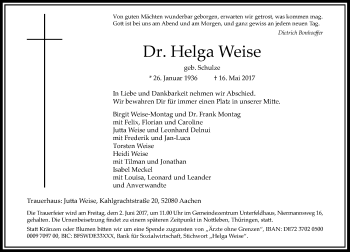 Todesanzeige von Helga Weise von Rheinische Post