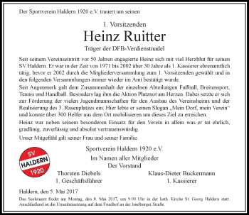 Todesanzeige von Heinz Ruitter von Rheinische Post