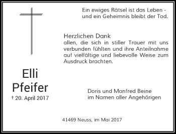 Todesanzeige von Elisabeth Pfeifer von Rheinische Post
