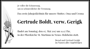 Todesanzeige von Gertrude Boldt von Rheinische Post