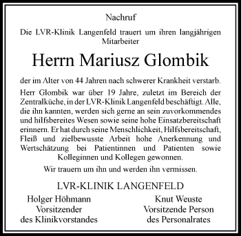 Todesanzeige von Mariusz Glombik von Rheinische Post
