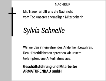 Todesanzeige von Sylvia Schnelle von Rheinische Post