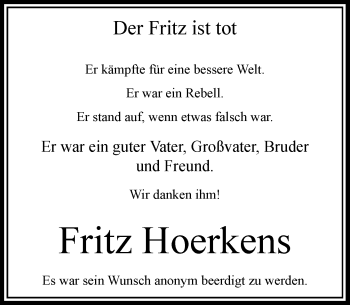 Todesanzeige von Fritz Hoerkens von Rheinische Post