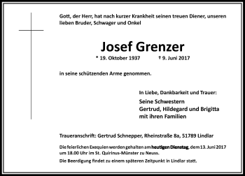 Todesanzeige von Josef Grenzer von Rheinische Post