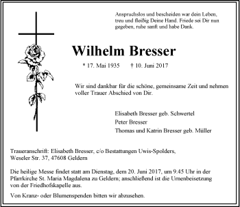 Todesanzeige von Wilhelm Bresser von Rheinische Post