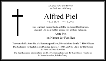 Todesanzeige von Alfred Piel von Rheinische Post