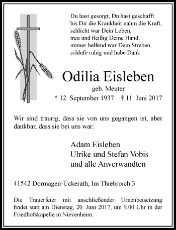 Todesanzeige von Odilia Eisleben von Rheinische Post