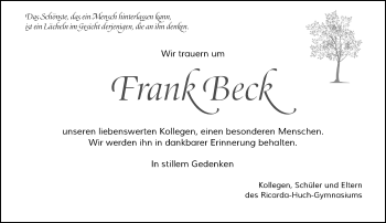 Todesanzeige von Frank Beck von Rheinische Post
