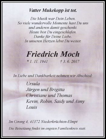 Todesanzeige von Friedrich Moch von Rheinische Post