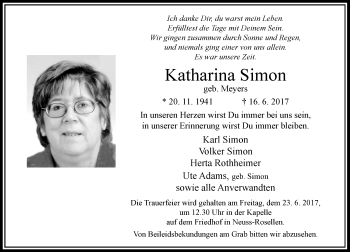 Todesanzeige von Katharina Simon von Rheinische Post