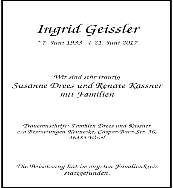 Todesanzeige von Ingrid Geissler von Rheinische Post