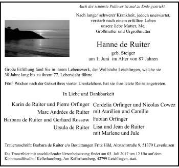 Todesanzeige von Hanne de Ruiter von Rheinische Post