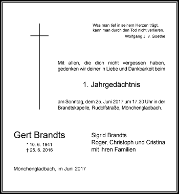 Todesanzeige von Gert Brandts von Rheinische Post