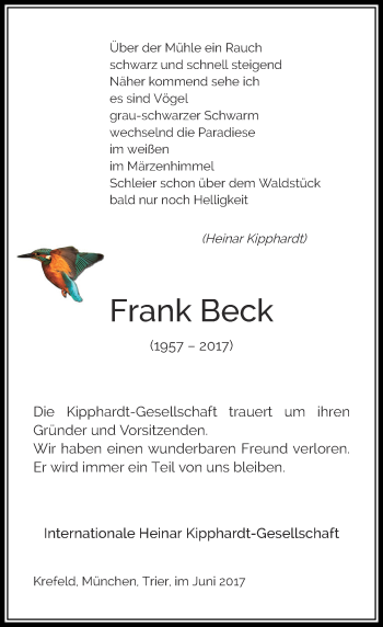 Todesanzeige von Frank Beck von Rheinische Post