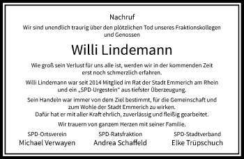 Todesanzeige von Willi Lindemann von Rheinische Post