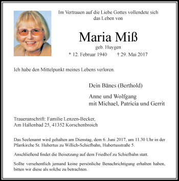 Todesanzeige von Maria Miß von Rheinische Post