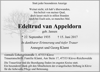 Todesanzeige von Edeltrud van Appeldorn von Rheinische Post