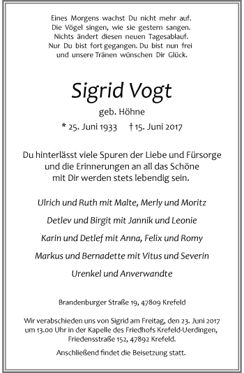 Todesanzeige von Sigrid Vogt von Rheinische Post