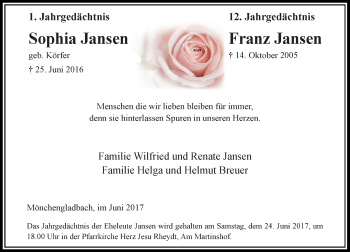 Todesanzeige von Sophia und Franz Jansen von Rheinische Post