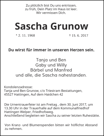 Todesanzeige von Sascha Grunow von Rheinische Post
