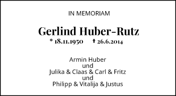 Todesanzeige von Gerlind Huber-Rutz von Rheinische Post