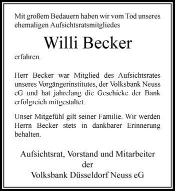 Todesanzeige von Willi Becker von Rheinische Post