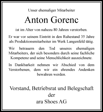 Todesanzeige von Anton Gorenc von Rheinische Post