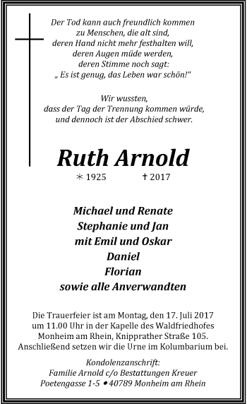 Todesanzeige von Ruth Arnold von Rheinische Post