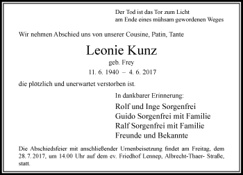Todesanzeige von Leonie Kunz von Rheinische Post