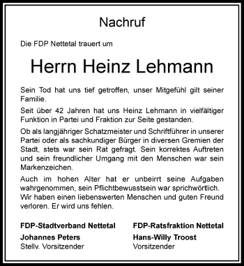 Todesanzeige von Heinz Lehmann von Rheinische Post