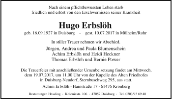 Todesanzeige von Hugo Erbslöh von Rheinische Post