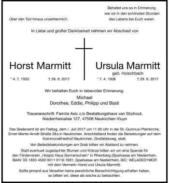Todesanzeige von Horst und Ursula Marmitt von Rheinische Post