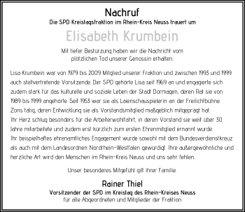 Todesanzeige von Elisabeth Krumbein von Rheinische Post