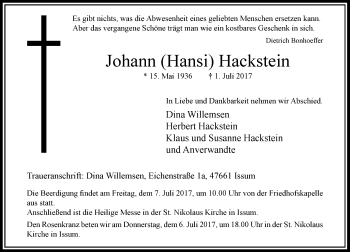 Todesanzeige von Johann Hackstein von Rheinische Post