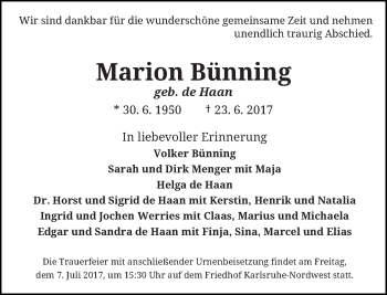 Todesanzeige von Marion Bünning von Rheinische Post
